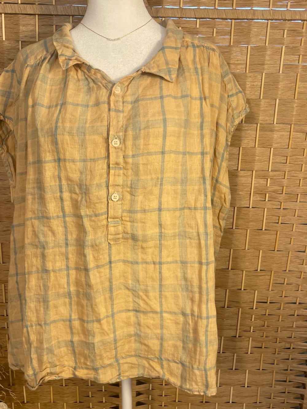 Boutique CP Shades 100% Linen Tan/Yellow Button Up Blouse NWT $108 Retail